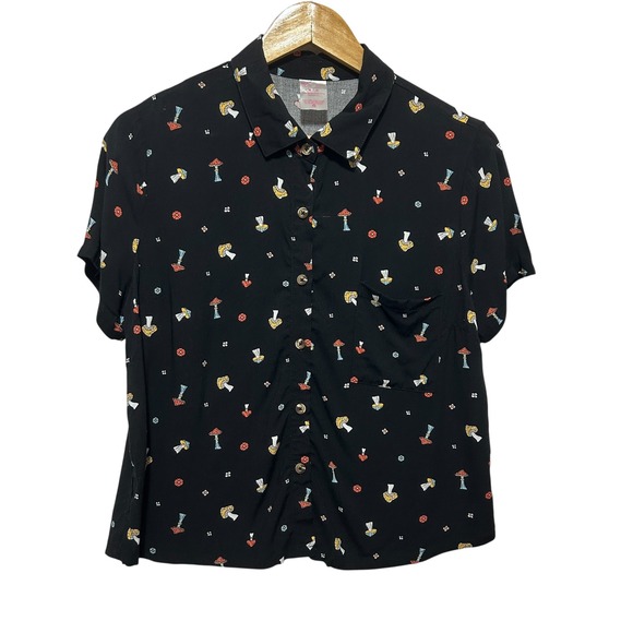 Y2K No Boundaries Women Button Top M Black Mushroom Novelty Forest Whimsigoth - Picture 1 of 10